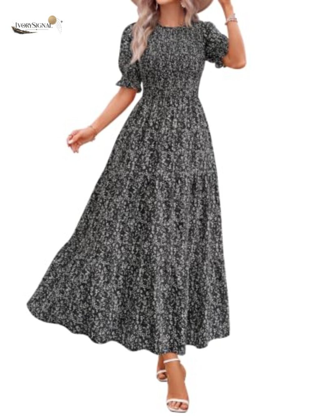 BTFBM Casual Maxi Summer Dress Smocked Tiered A-Line Puff Sleeve